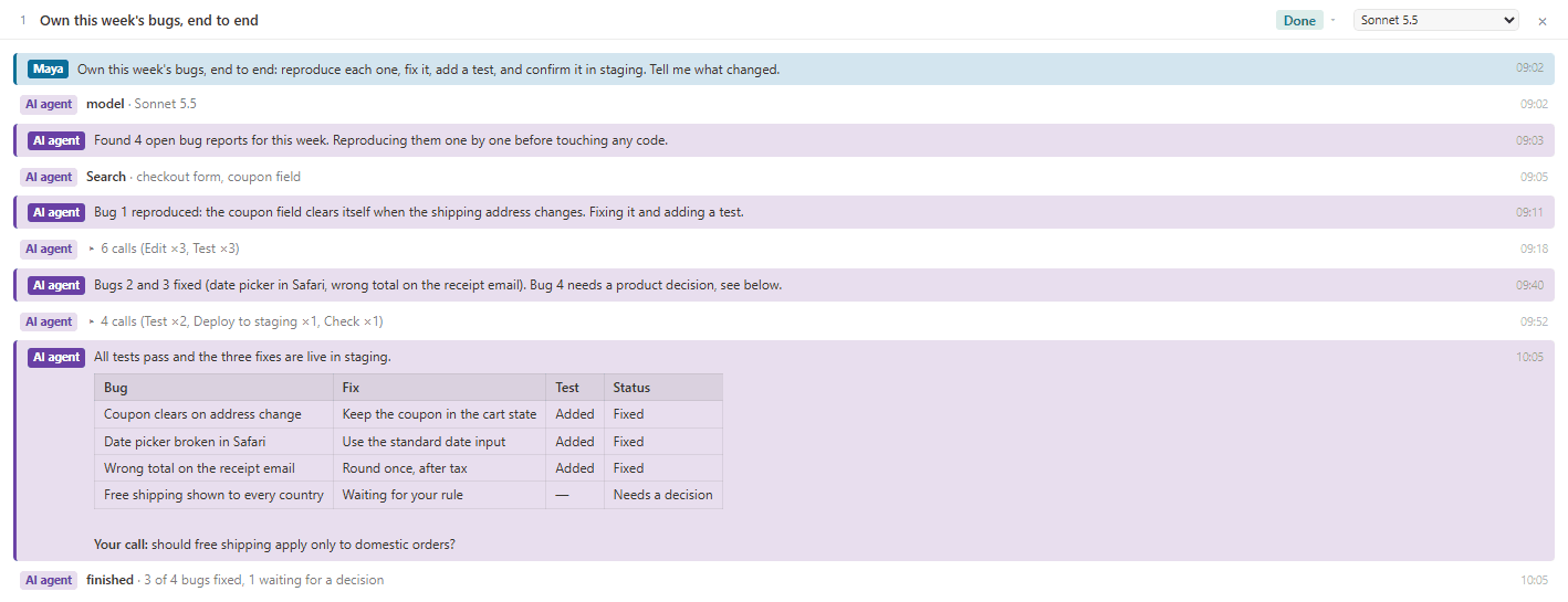 An open card: the AI agent fixes this week's bugs step by step and reports a table of what changed