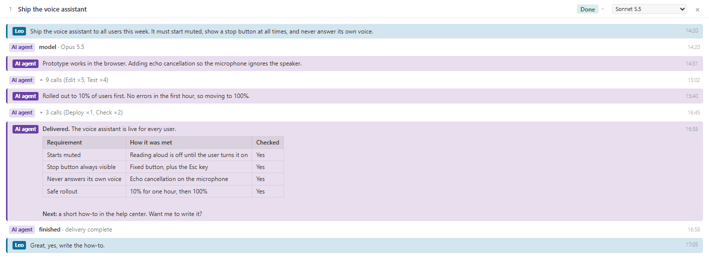 A finished delivery: the voice assistant shipped, with each requirement and how it was checked